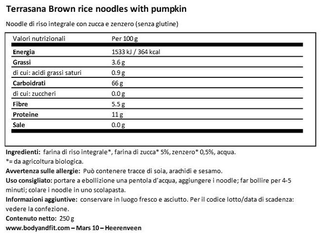 Noodles di riso marrone - Zucca e Zenzero Nutritional Information 1