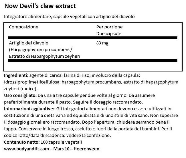 Estratto di Artiglio del Diavolo Nutritional Information 1