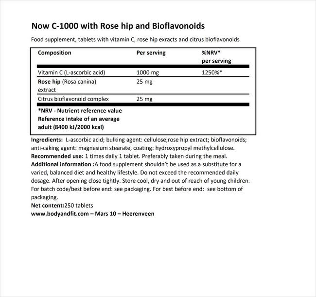 C-1000 with Rosehips and Citrus Bioflavanoids Nutritional Information 1