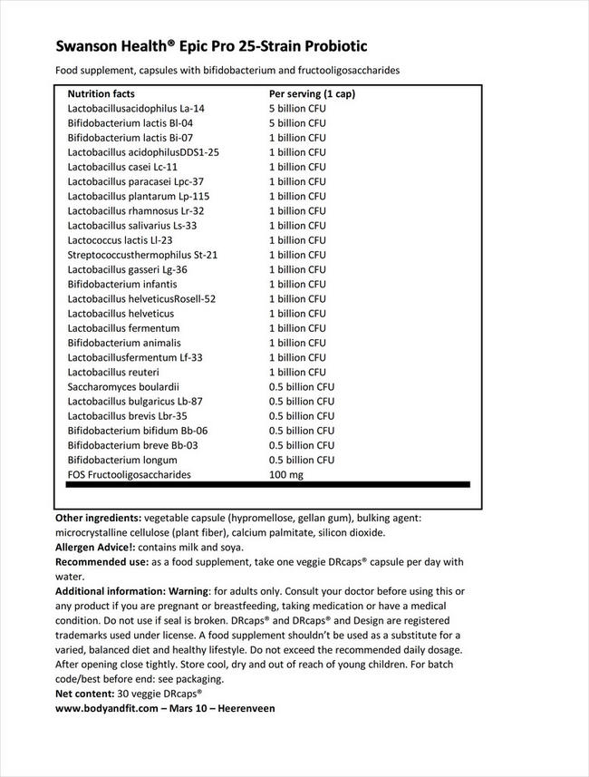 Epic Pro 25-Strain Probiotic Nutritional Information 1