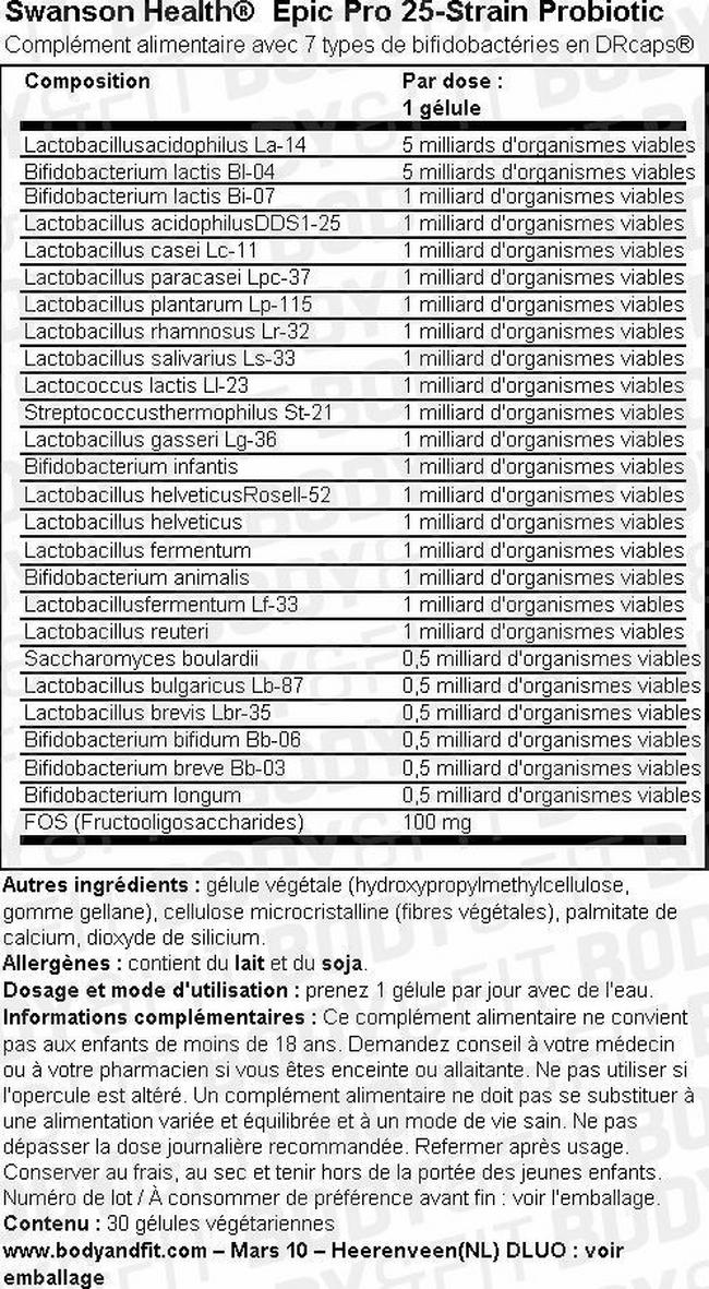 Probiotique à 25 souches Epic Pro 25-Strain Nutritional Information 1