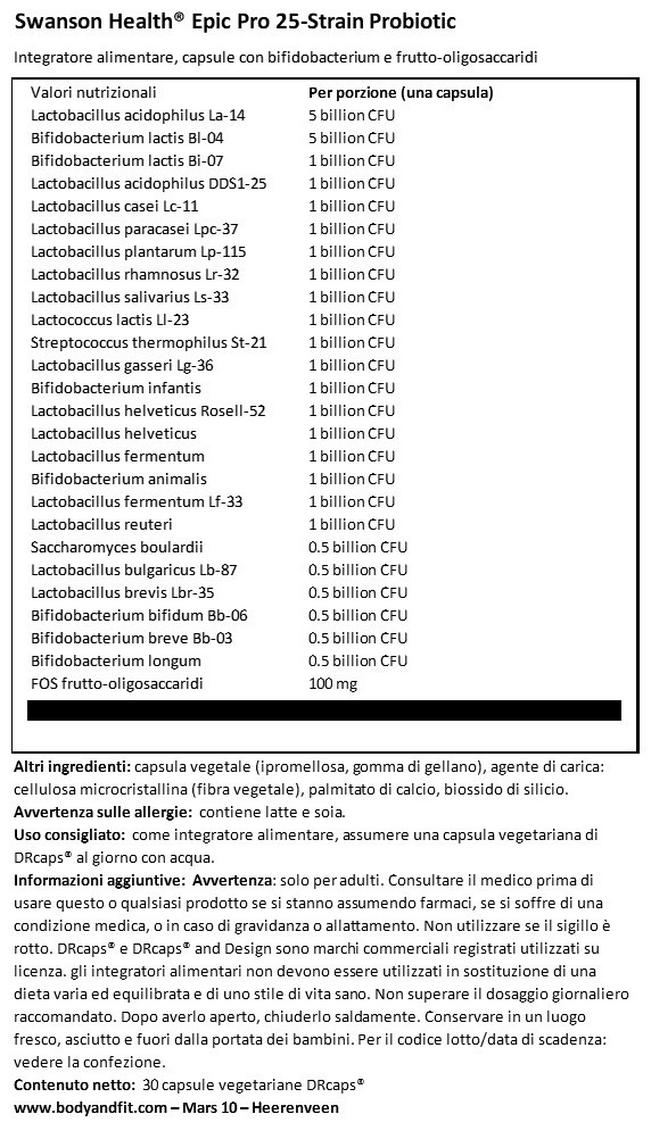 Epic Pro 25-Strain Probiotic Nutritional Information 1
