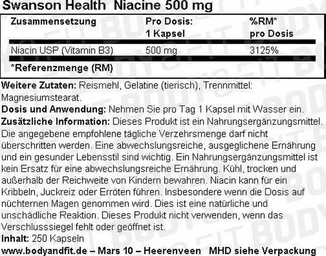 Niacine 500 mg Nutritional Information 1