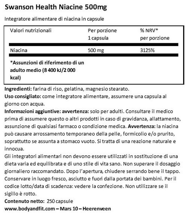 Niacina 500 mg Nutritional Information 1