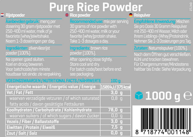 Reiscreme-Pulver Nutritional Information 1