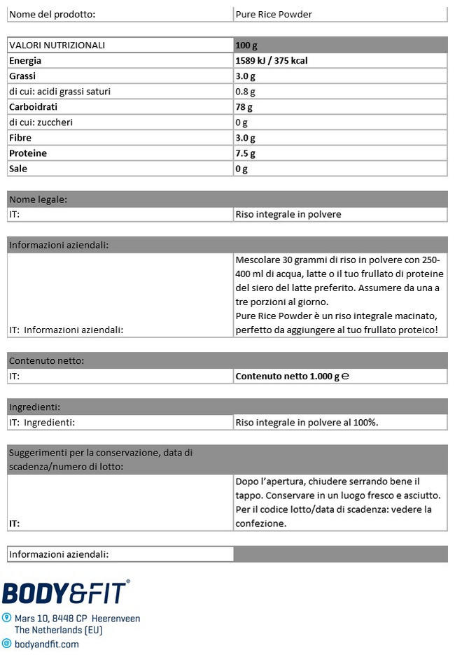 Polvere di Riso Nutritional Information 1