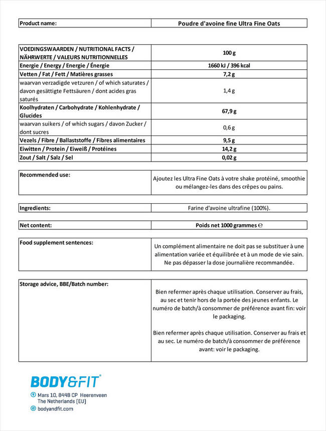 Poudre d'avoine fine Ultra Fine Oats Nutritional Information 1