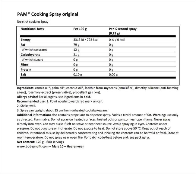 Cooking Spray Original Nutritional Information 1