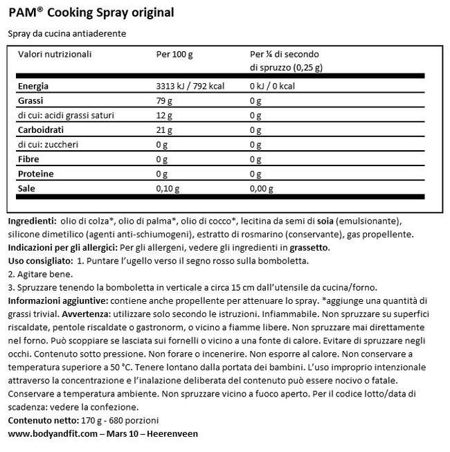 Spray da Cucina Original Nutritional Information 1
