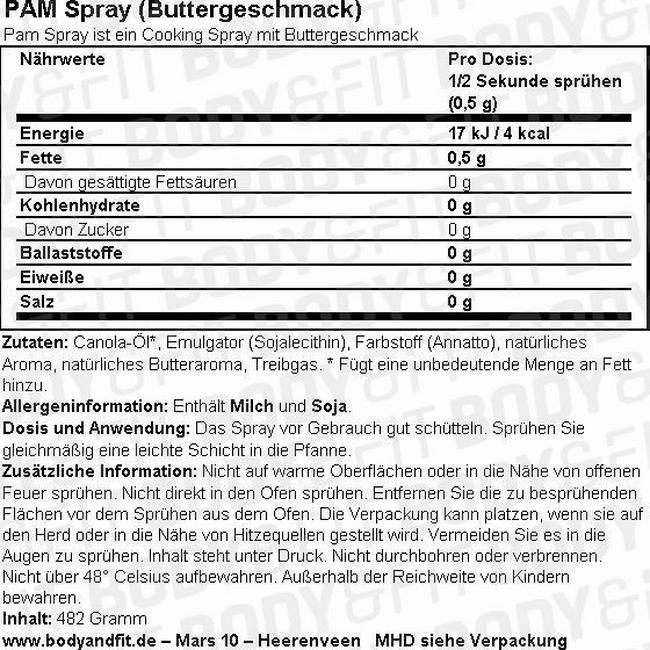 Cooking Spray (Buttergeschmack) Nutritional Information 1