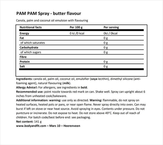 Cooking Spray (butter flavor) Nutritional Information 1