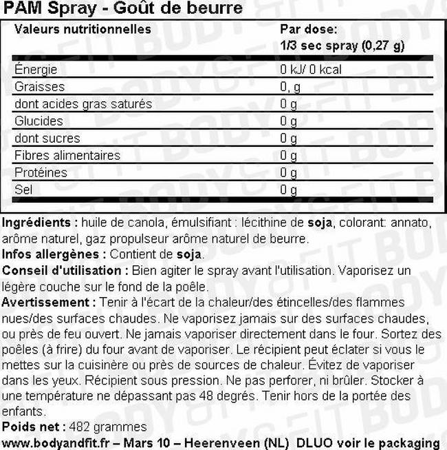 PAM Spray Cuisson (goût de beurre) Nutritional Information 1