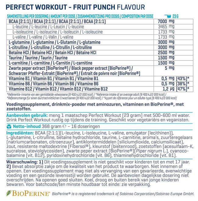 Perfect Workout Nutritional Information 1