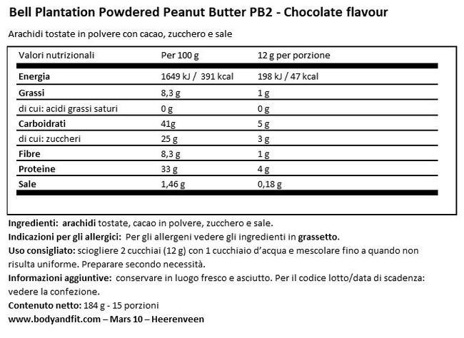 Burro d'Arachidi in polvere con Cioccolato Premium - PB2 Nutritional Information 1