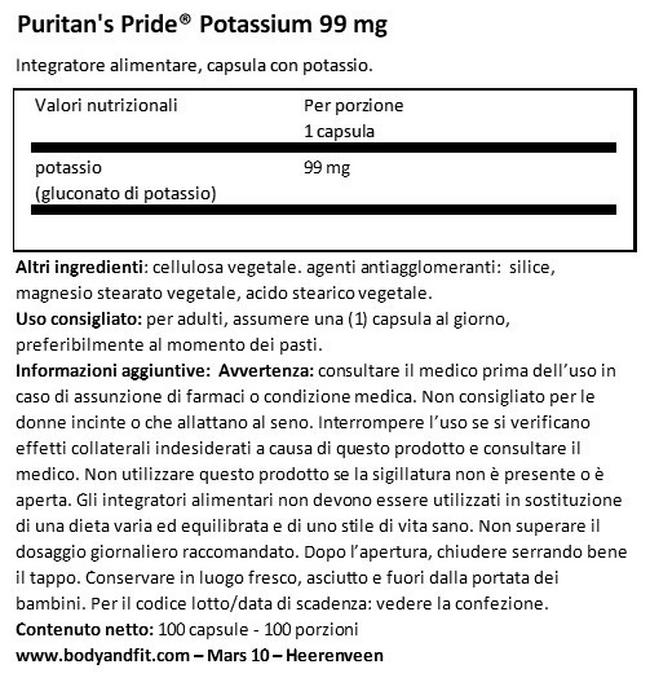 Potassio 99 mg Nutritional Information 1