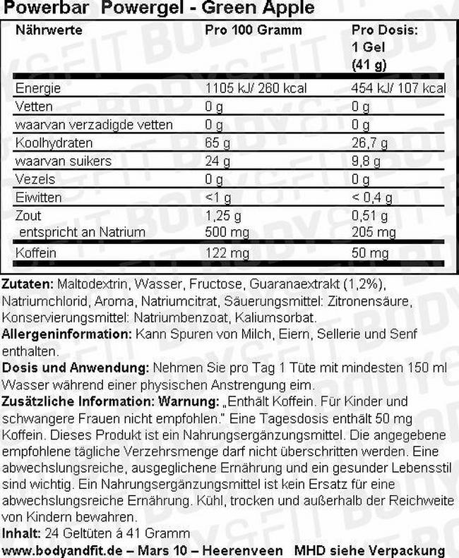 Powerbar PowerGel Nutritional Information 1