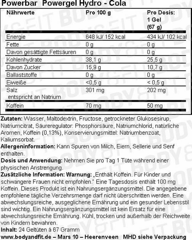 PowerGel Hydro Nutritional Information 1