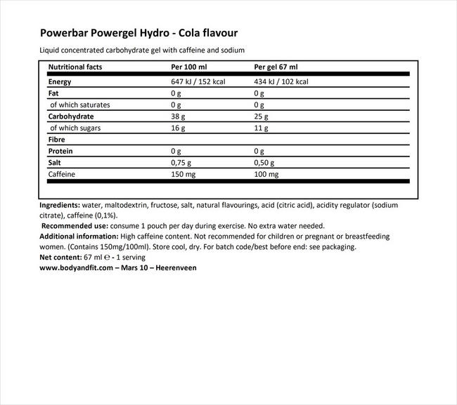 PowerGel Hydro Nutritional Information 1