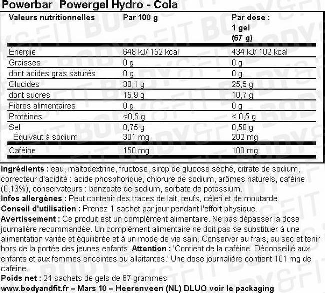 Gel électrolytique glucidique Powergel Hydro Nutritional Information 1