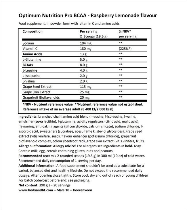 Pro BCAA Nutritional Information 1