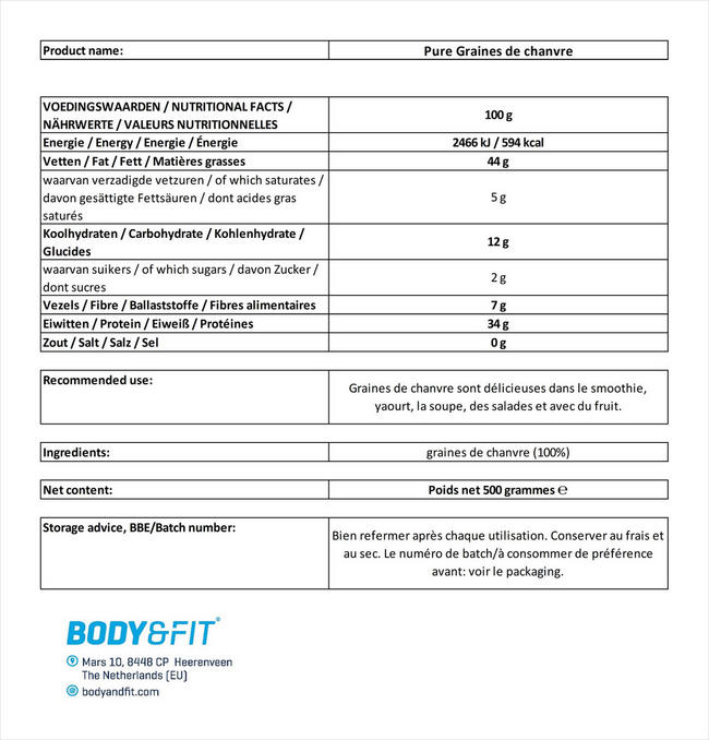 Pure Graines de chanvre Nutritional Information 1
