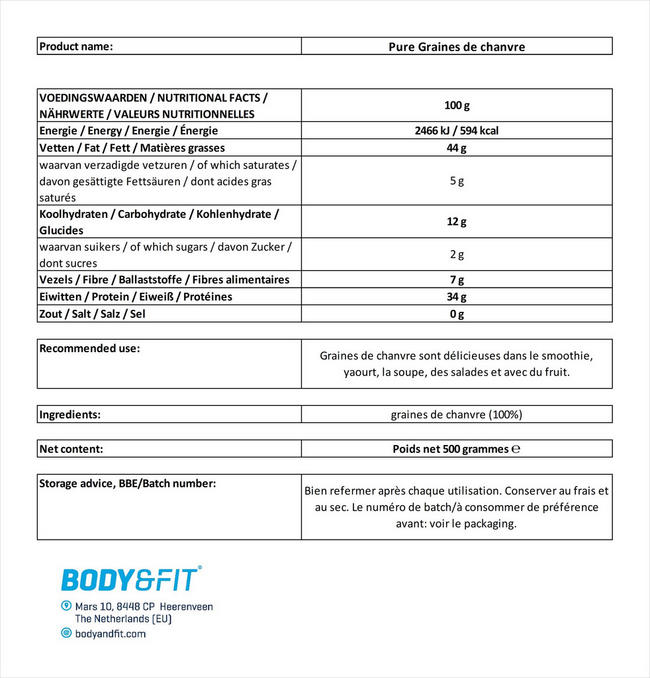 Pure Graines de chanvre Nutritional Information 1