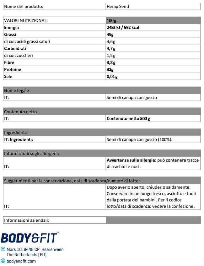 Semi di Canapa Pure Nutritional Information 1