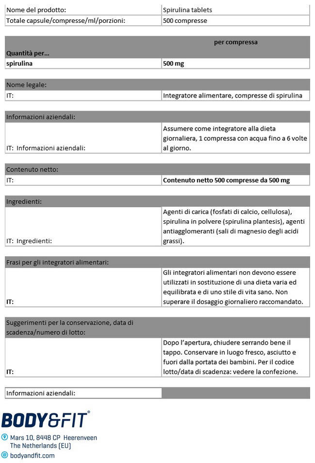 Compresse di Spirulina Pure Nutritional Information 1