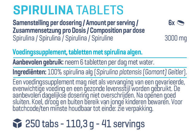 Pure Spirulina tabletten Nutritional Information 1