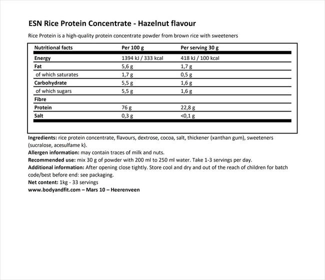 Brown Rice Protein Concentrate Nutritional Information 1