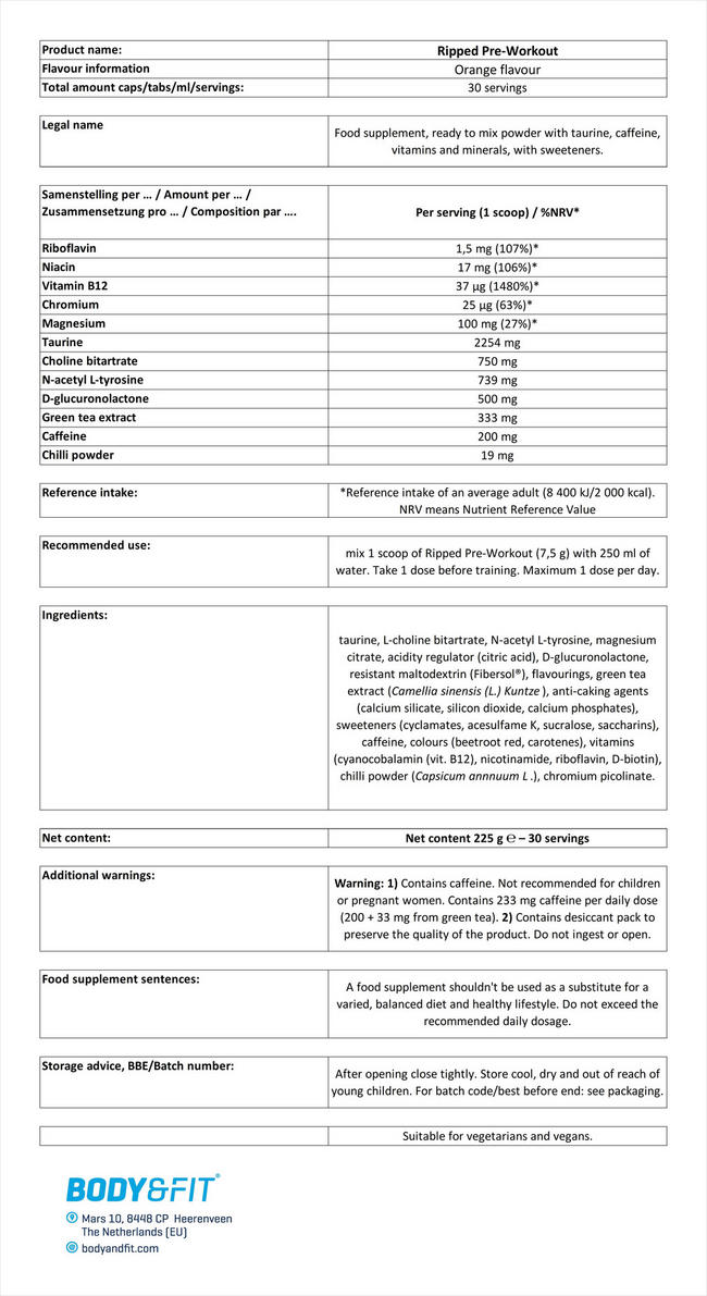 Ripped Pre-Workout Nutritional Information 1