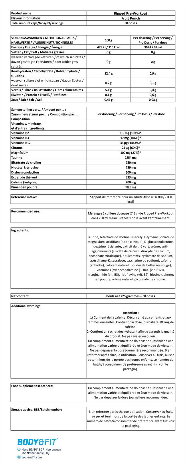 Ripped Pre-Workout Nutritional Information 1