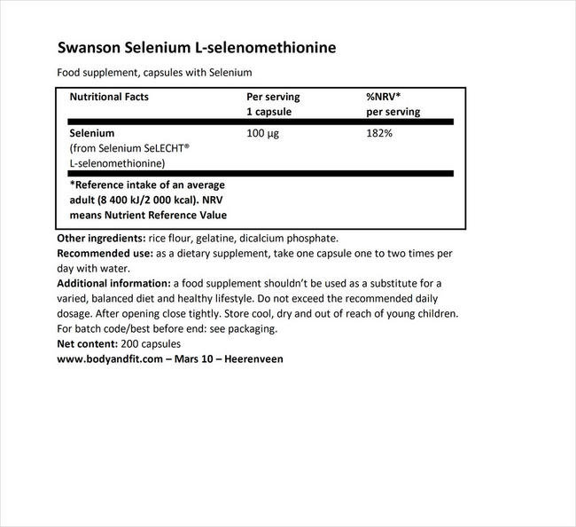 Selenium 100 µg Nutritional Information 1