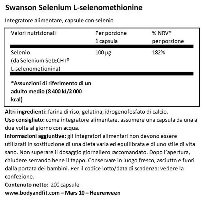 Selenio 100 mg Nutritional Information 1