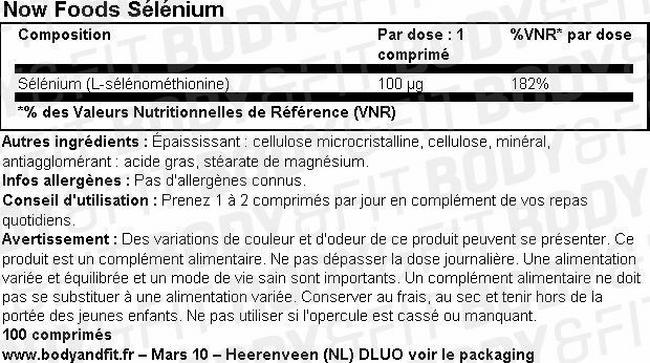 Sélénium Now Foods Selenium Nutritional Information 1