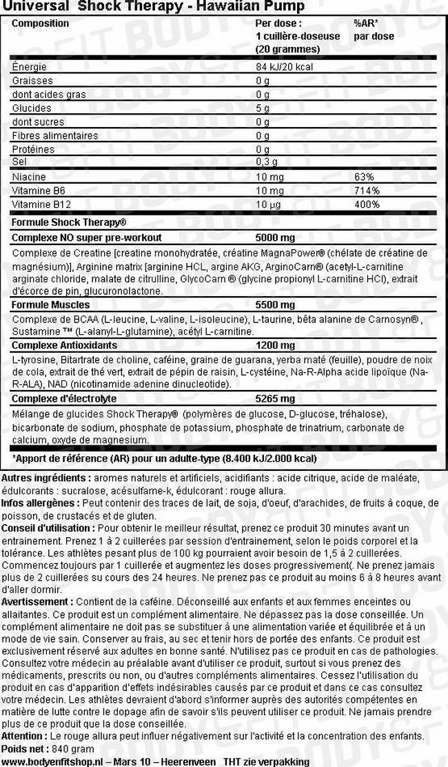 Complément alimentaire Shock Therapy Nutritional Information 1