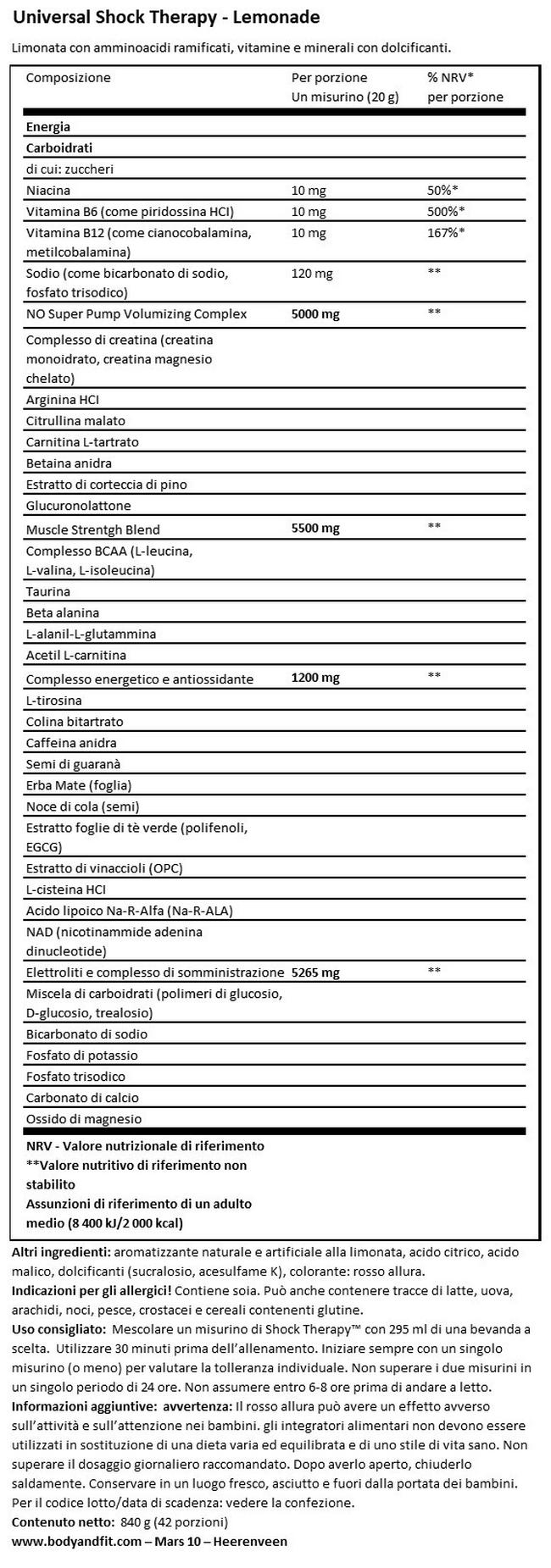 Shock Therapy Nutritional Information 1