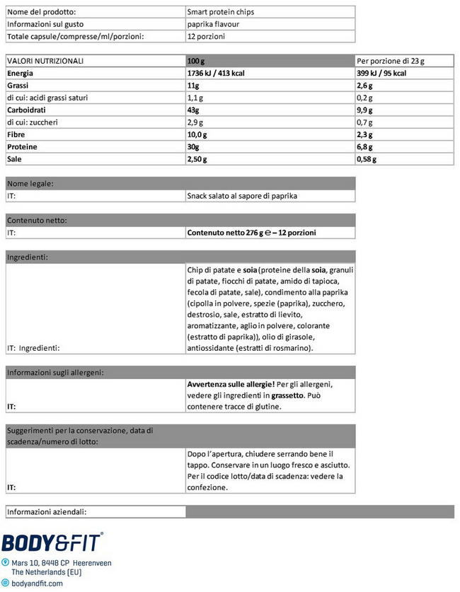 Patatine Smart Protein Nutritional Information 1