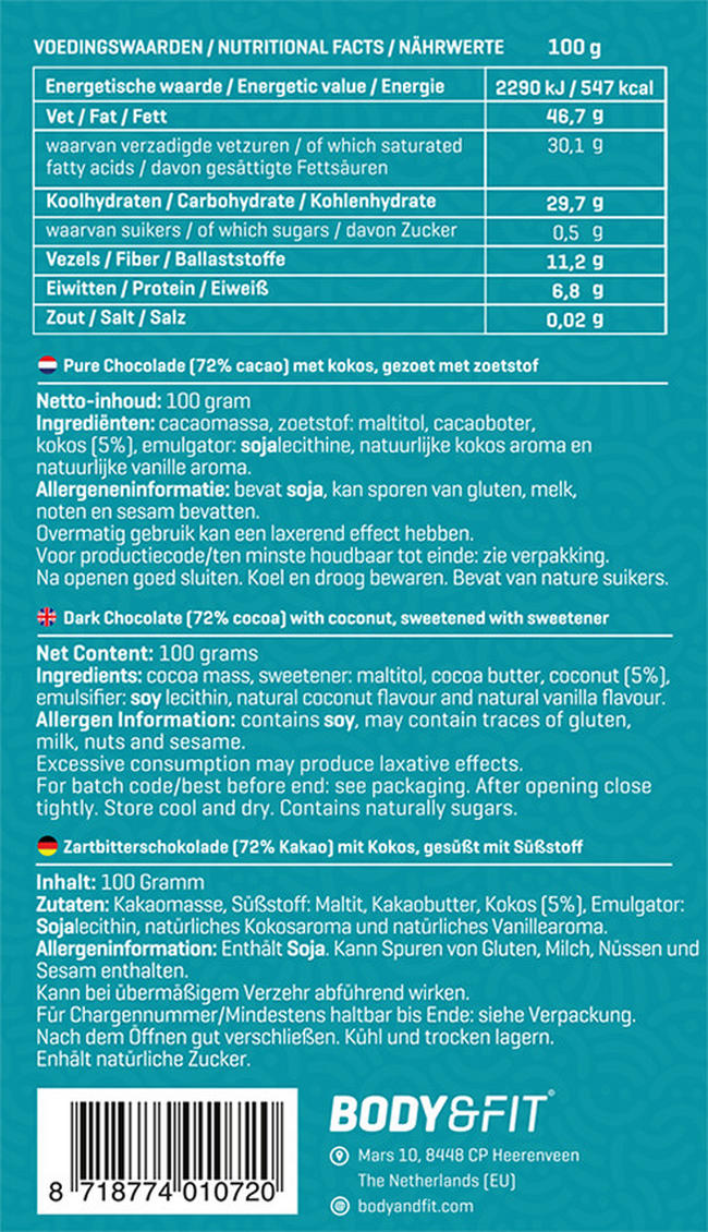 Smart Chocolate (0 Zucker & 72% Kakao) Nutritional Information 1