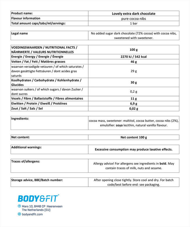 Smart Chocolate (0 Sugar & 72% cacao) Nutritional Information 1