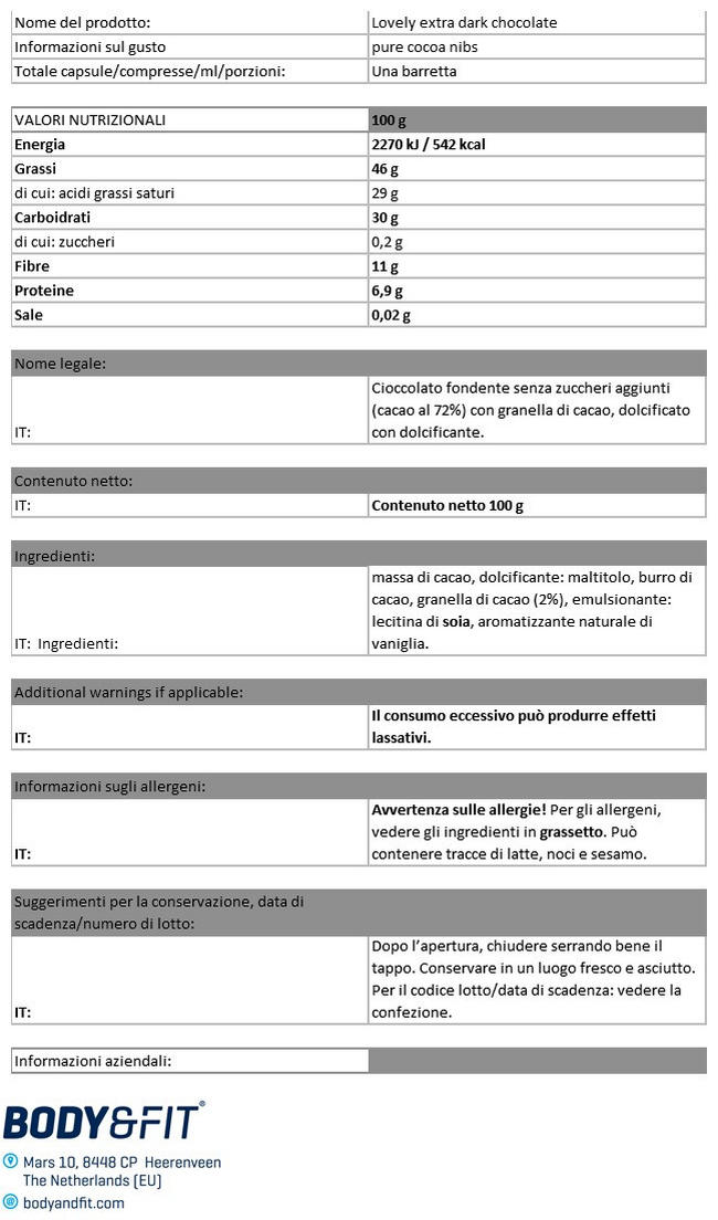 Smart Chocolate (0 Sugar & 72% cacao) Nutritional Information 1