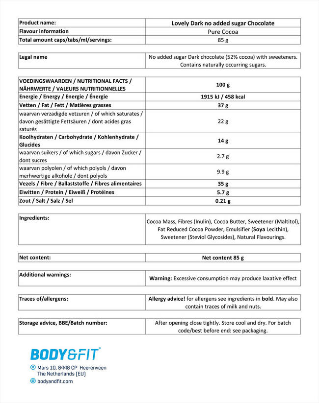 Smart Chocolate – Stevia Extract Nutritional Information 1