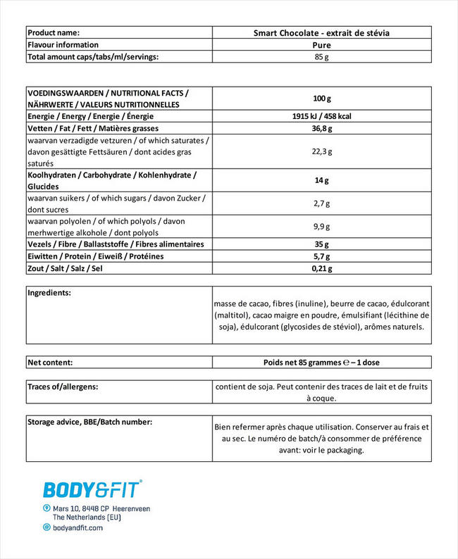 Chocolat noir Smart Chocolate - Extrait de Stevia Nutritional Information 1