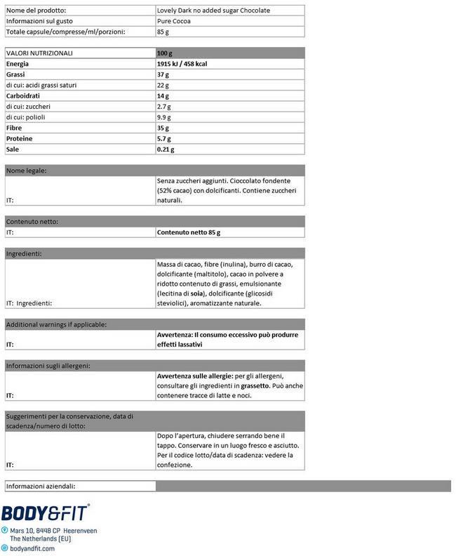 Smart Chocolate – Con Estratto di Stevia Nutritional Information 1