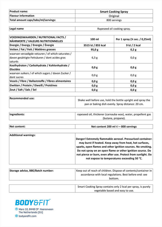 Smart Cooking Spray Nutritional Information 1