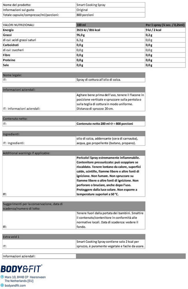 Spray da Cucina Smart Cooking Nutritional Information 1