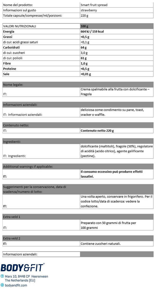 Marmellata Smart Fruit Nutritional Information 1