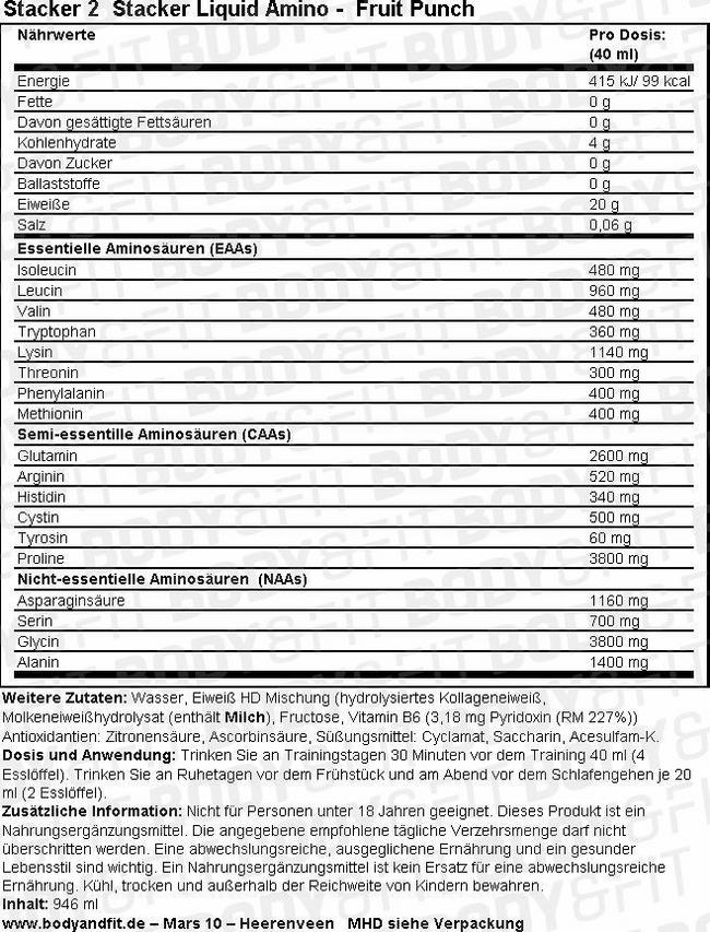 Stacker Liquid Amino Nutritional Information 1