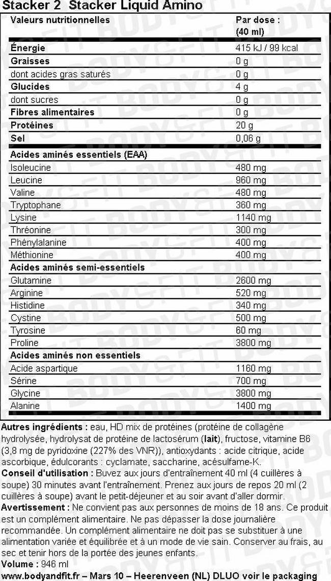Solution d’acides aminés Stacker Liquid Amino Nutritional Information 1