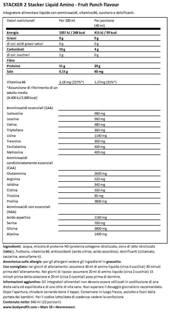 Stacker Liquid Amino Nutritional Information 1